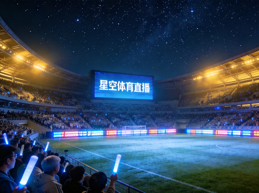 夜晚灯光下的足球场与看台观众，星空体育直播画面