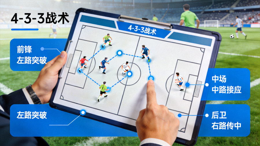 足球教练在场边布置战术与球员跑位示意图